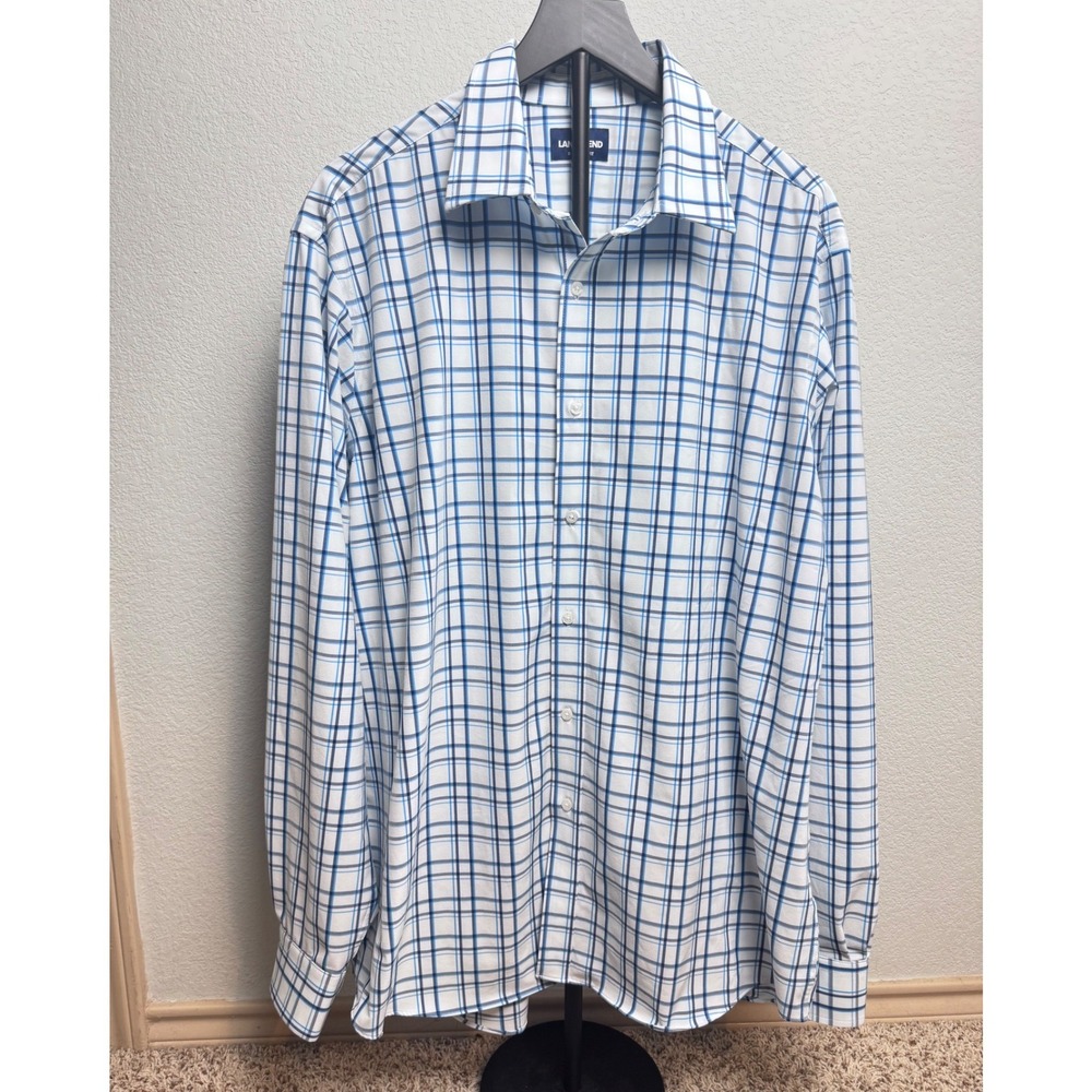Lands' End Mens XL Blue White Plaid Regular Fit Button Down Shirt LET001ZH212